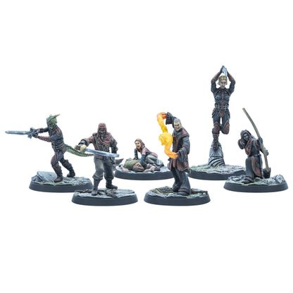 Six painted fantasy miniatures: a reptilian warrior, swordsman, magic-user, female fighter, injured person, and a cloaked archer