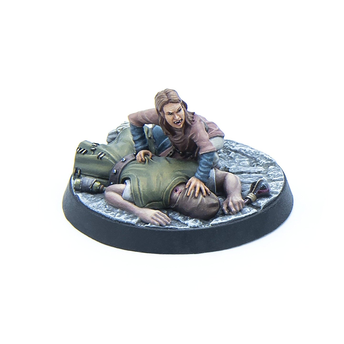Painted miniature: Fanged figure pins a prone, bleeding victim on a cobblestone base