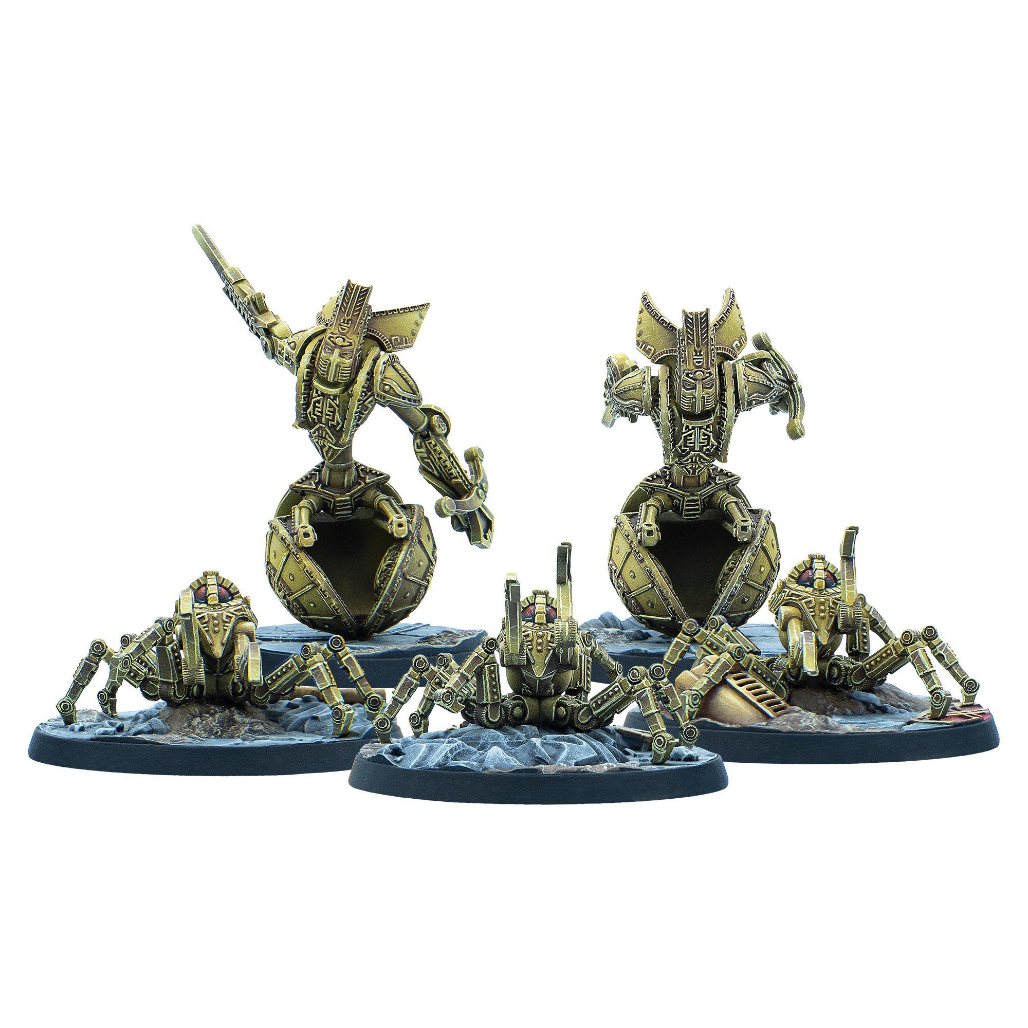 Six gold robot miniatures on rocky bases. Two humanoids emerge from spheres; four spider-like robots crawl