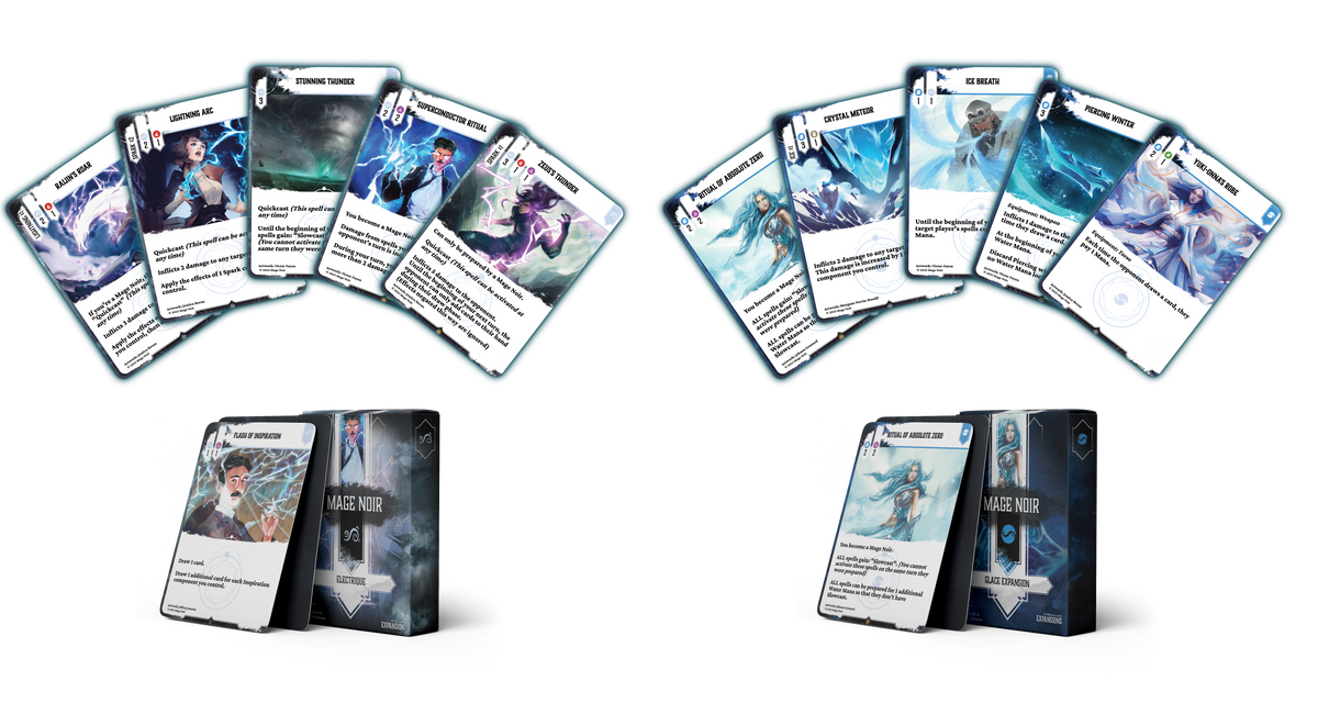 Collection of fantasy-themed card game decks with thunder and ice expansion packs