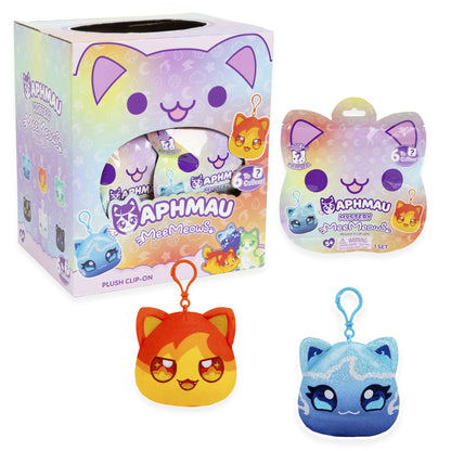 Aphmau Mystery MeeMeows Elemental plush clip-ons display box, single blind bag, and fire and ice cat toys