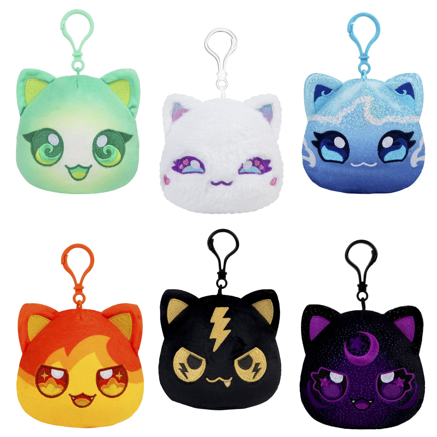 Six stylized plush cat keychains with clips, displaying unique colors and themes