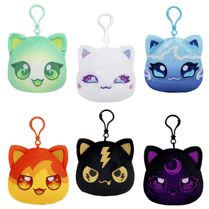 Six stylized plush cat keychains with clips, displaying unique colors and themes