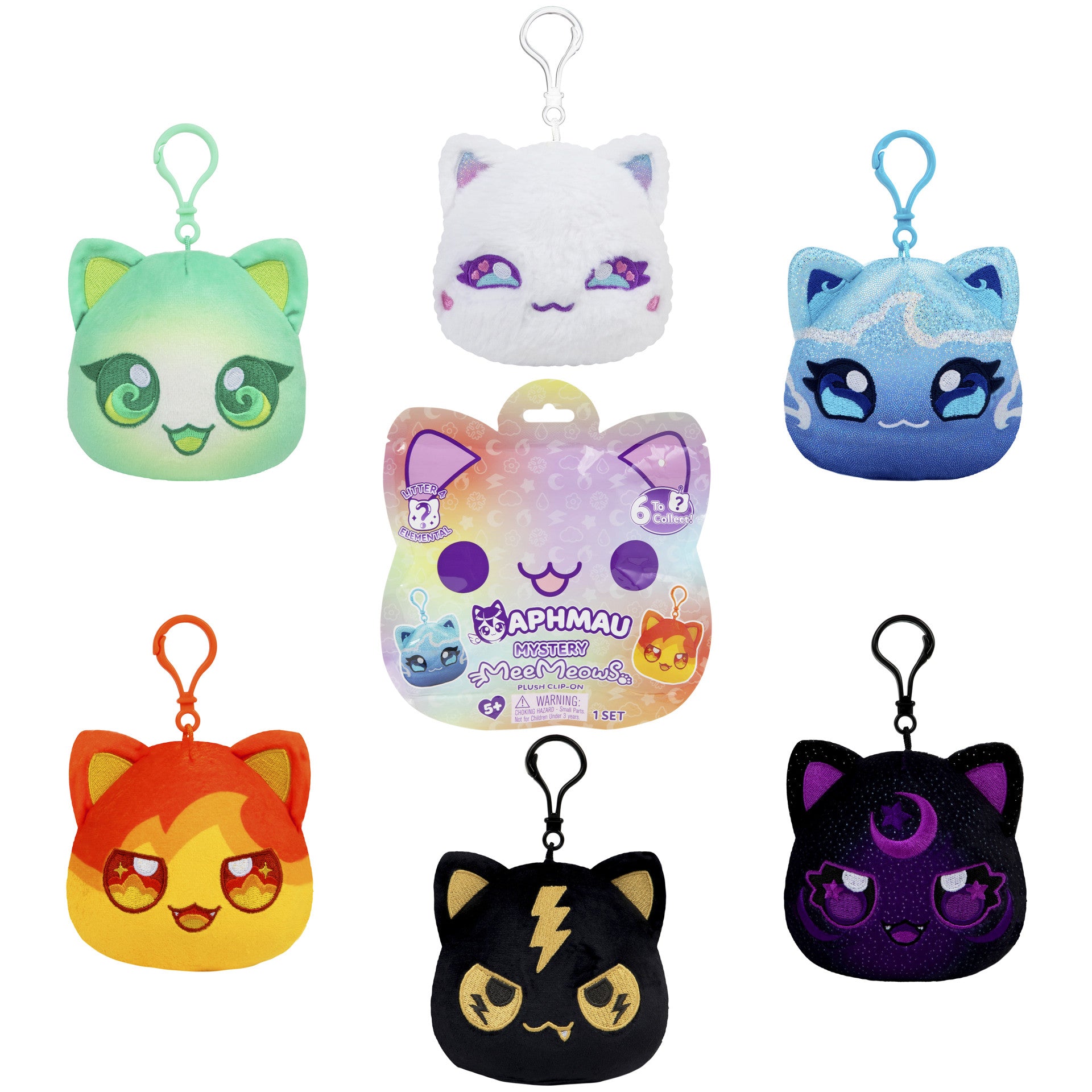 Six Aphmau Mystery MeeMeows plush cat keychains in various colors with a central blind package