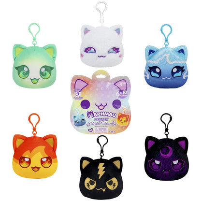 Six Aphmau Mystery MeeMeows plush cat keychains in various colors with a central blind package