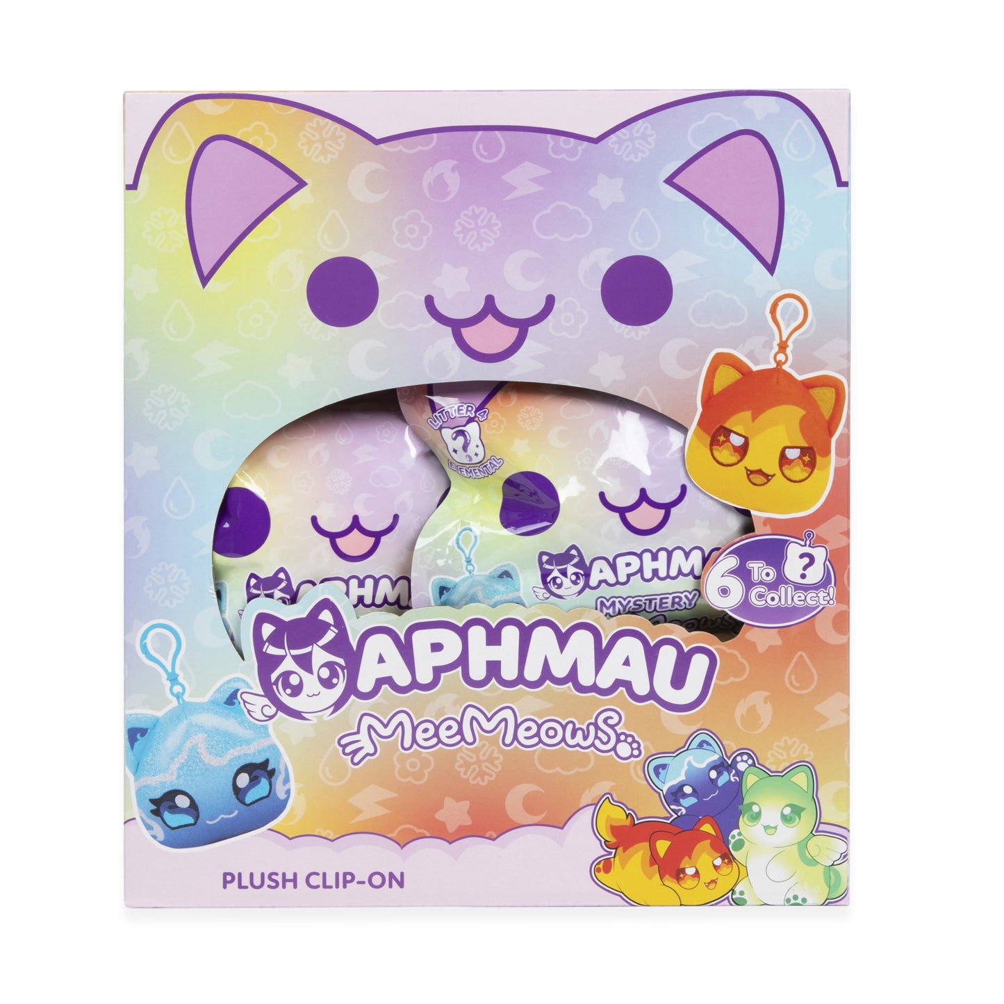 Aphmau MeeMeows Elemental Mystery Plush Clip-On box featuring colorful cat keychains and two blind bags