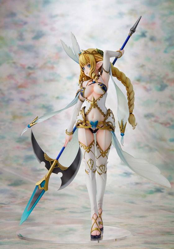 Anime figure of a blonde elf in a white and gold fantasy outfit holding a spear