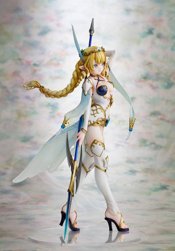 Elegant collectible figure of a blonde elf in white and gold armor holding a blue and gold spear