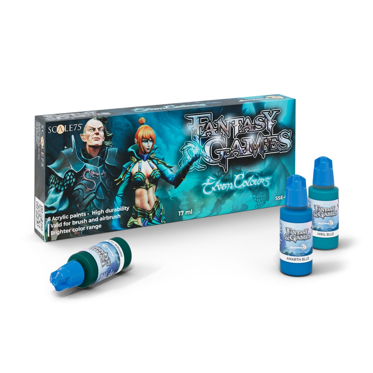 Scale 75 Fantasy & Games Elven Colours acrylic paint set, with an illustrated box and three dropper bottles
