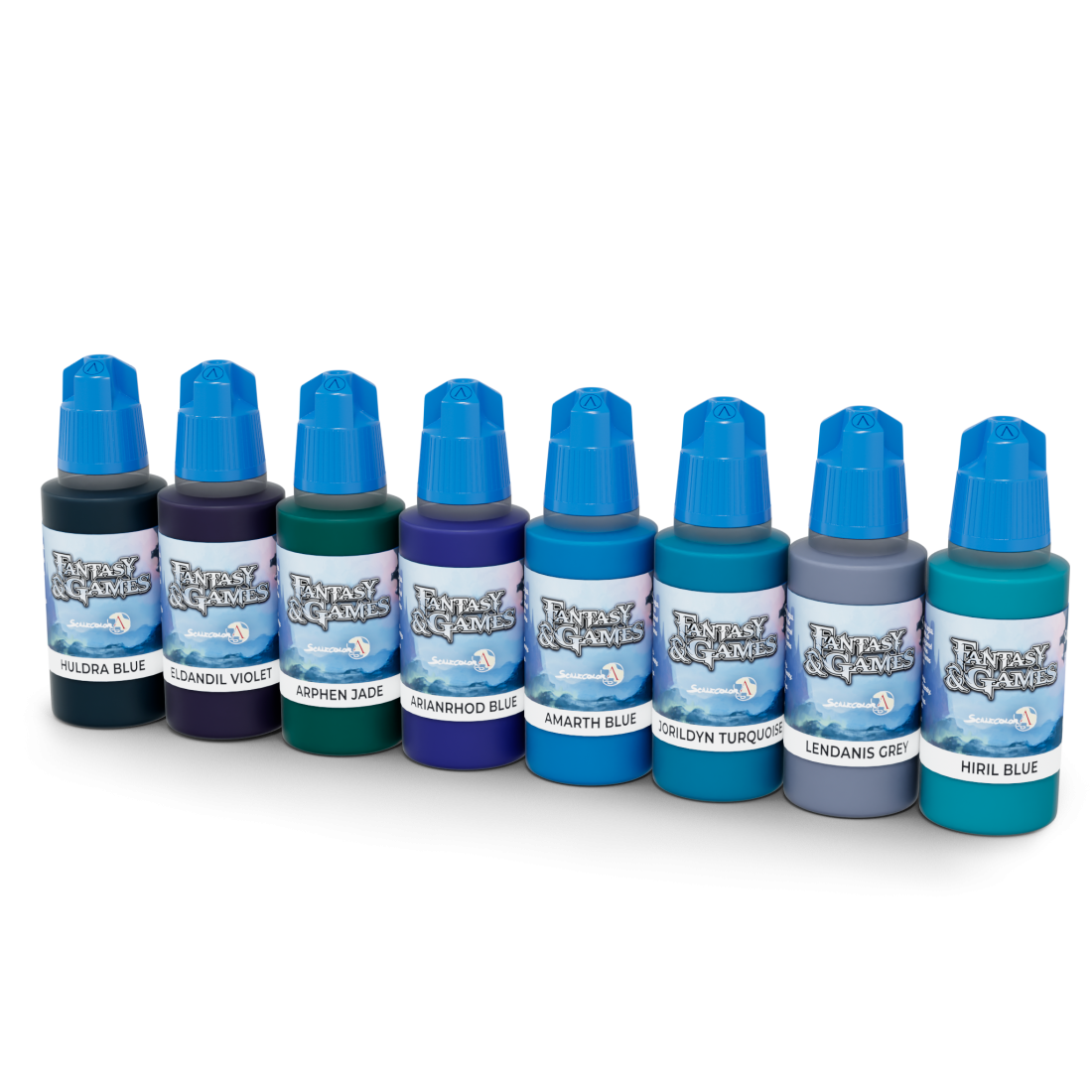 Eight "Fantasy & Games" paint bottles in varying hues, with bright blue caps, lined up