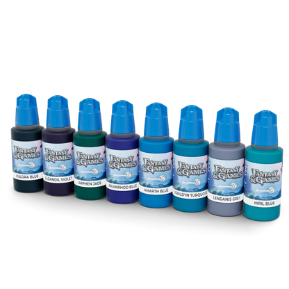 Eight "Fantasy & Games" paint bottles in varying hues, with bright blue caps, lined up