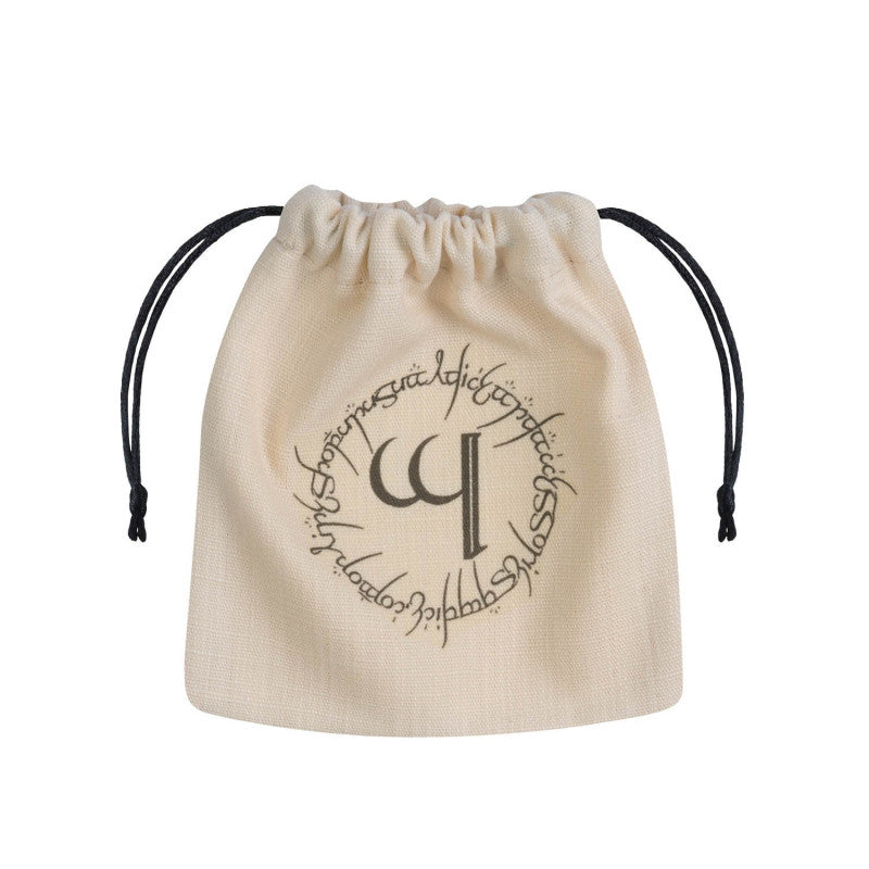 Light-colored Elvish Dice Bag with black cords, features a circular &#39;One Ring&#39; inscription and &#39;WP&#39; monogram