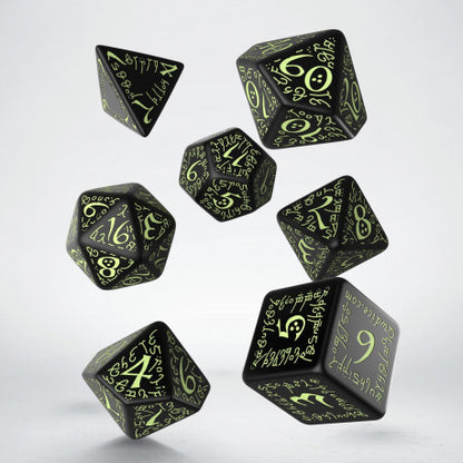 Q Workshop - Black & Glow-In-The-Dark Elvish Dice (7) - Good Games