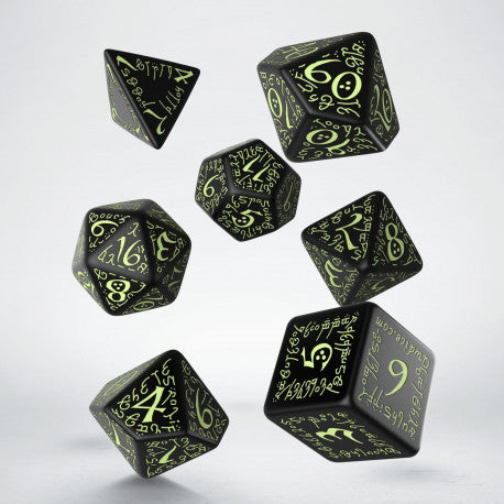 Q Workshop - Black &amp; Glow-In-The-Dark Elvish Dice (7) - Good Games