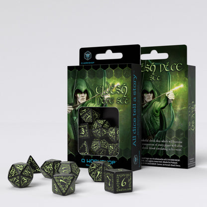Q Workshop - Black & Glow-In-The-Dark Elvish Dice (7) - Good Games