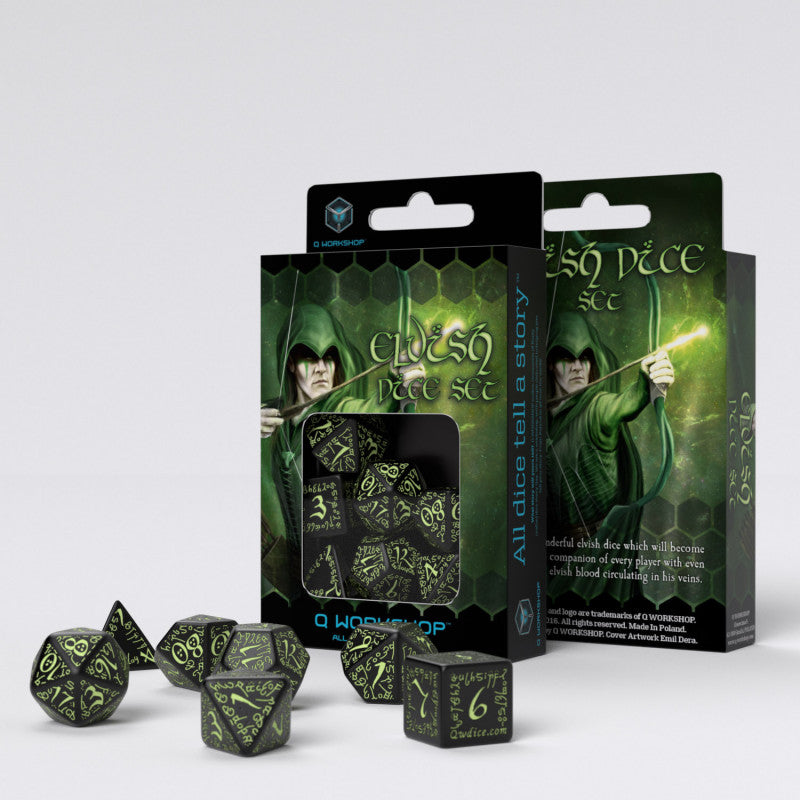 Q Workshop - Black &amp; Glow-In-The-Dark Elvish Dice (7) - Good Games