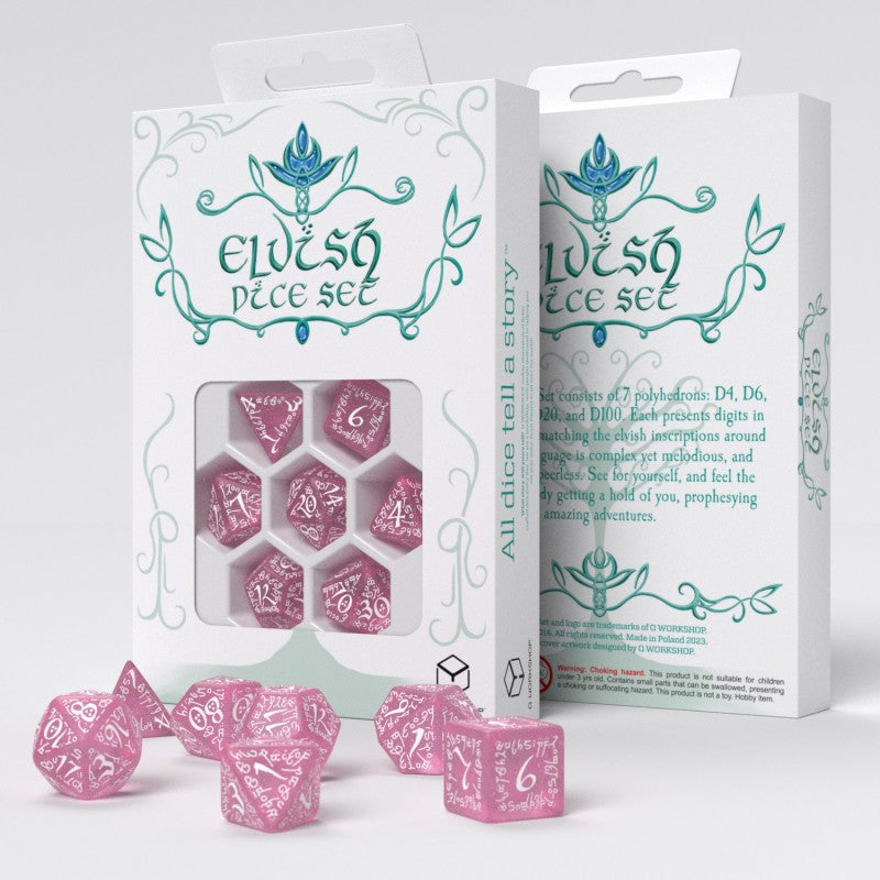 Q Workshop - Elvish Dice Set - Shimmering Pink &amp; White Dice Set 7 - Good Games