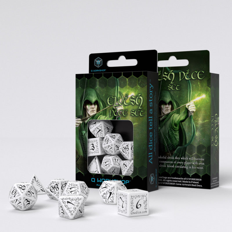 Two 'Elvish Dice Set' boxes with an elf archer; white dice with black Elvish-style numbers are scattered.