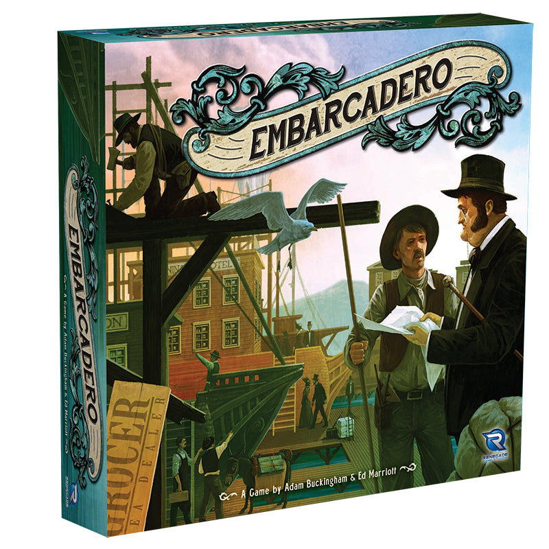 The box for the board game Embarcadero features a 19th-century port scene with a bustling dock, ships, buildings, and various people, including two men exchanging papers
