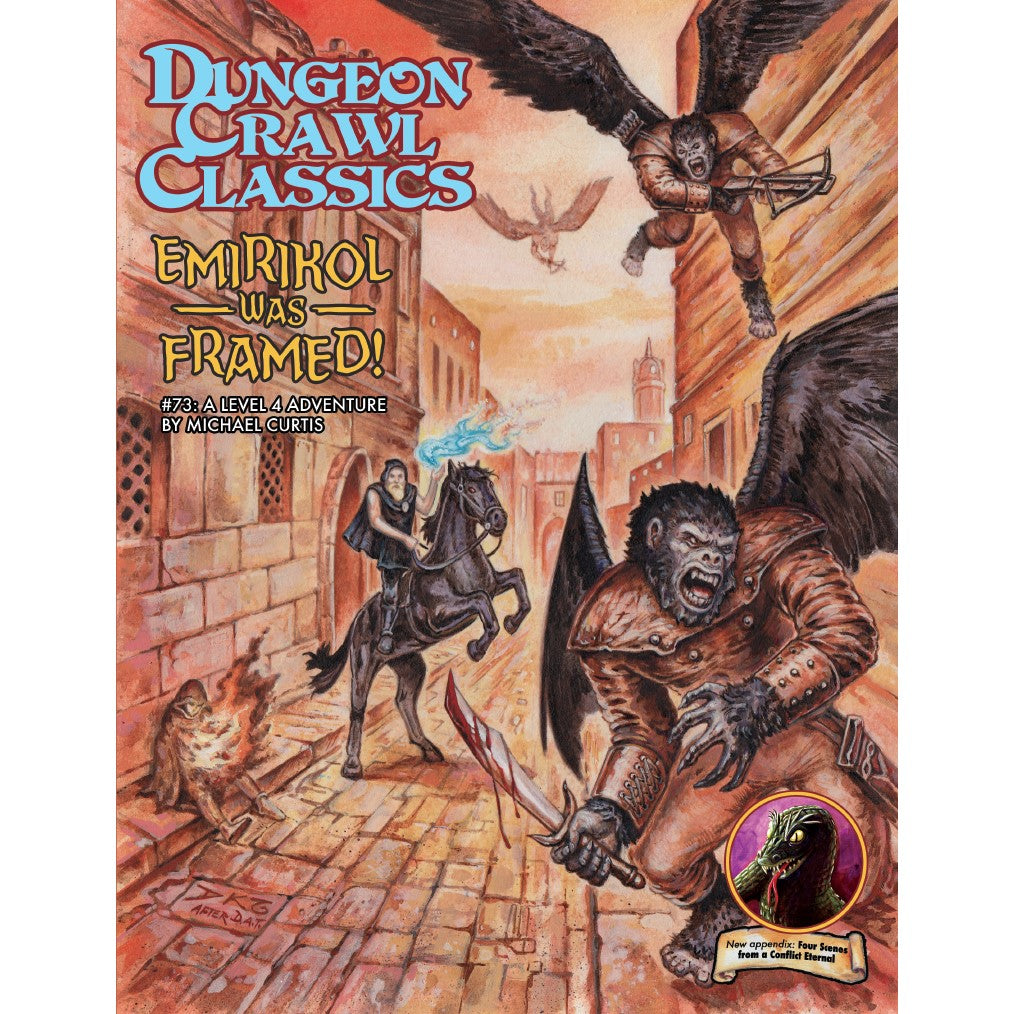 Dungeon Crawl Classics: Emirkol Was Framed! cover, winged ape-man with bloody sword, another flying with crossbow, a rider on horse with blue flame, and figure by fire in a city street