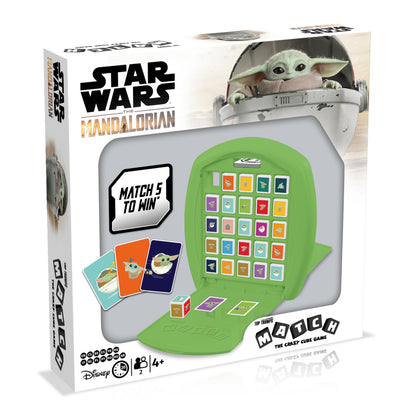 Star Wars The Mandalorian Match game box. Features Baby Yoda, a green game board, character cards, and dice to match 5