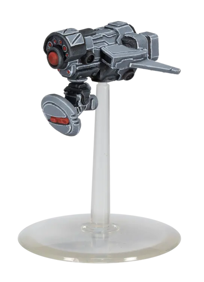 Firefight Enforcer Missile Shield Drone grey and red on clear stand