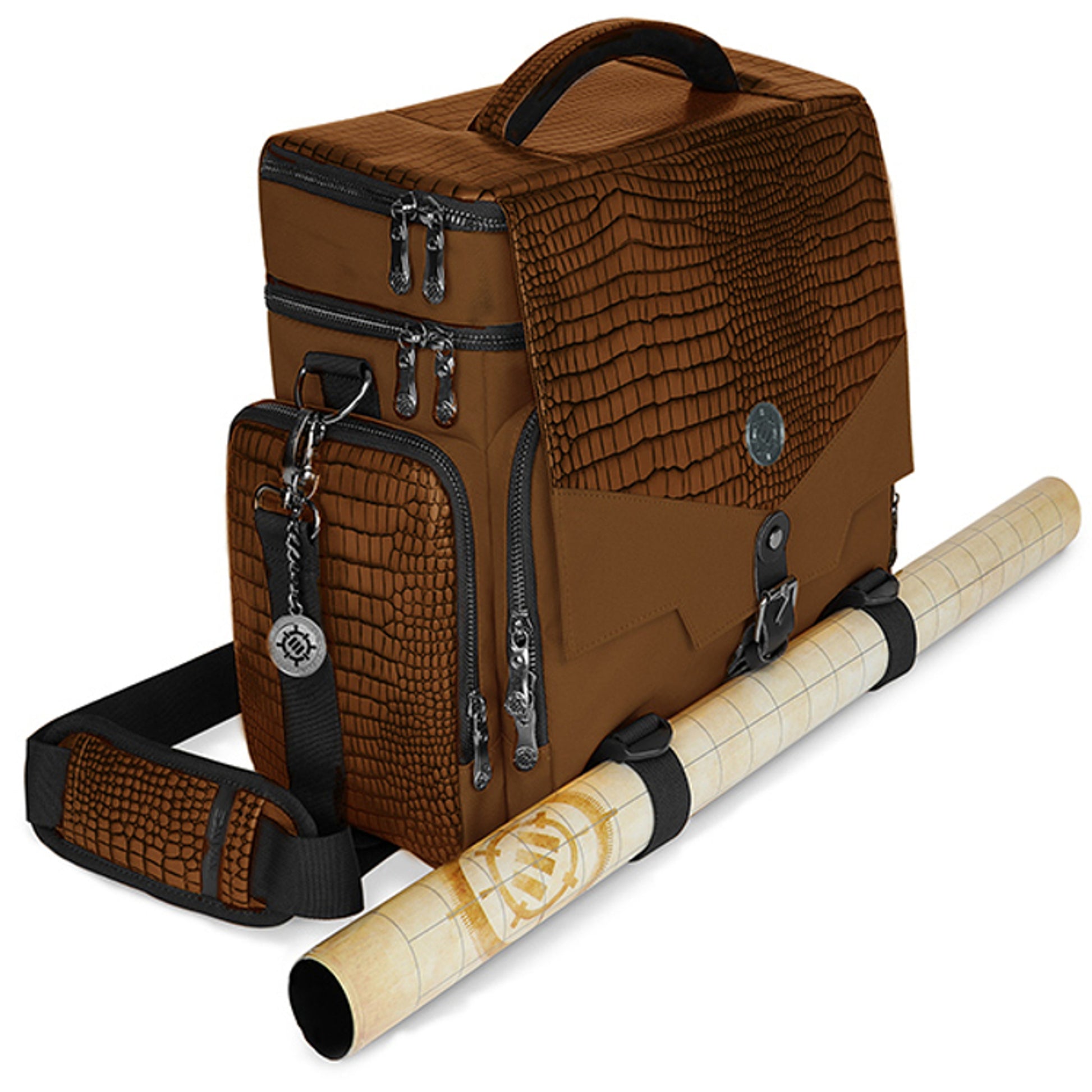 Brown bag with crocodile-textured panels and zippers, securing a rolled grid map to its side.