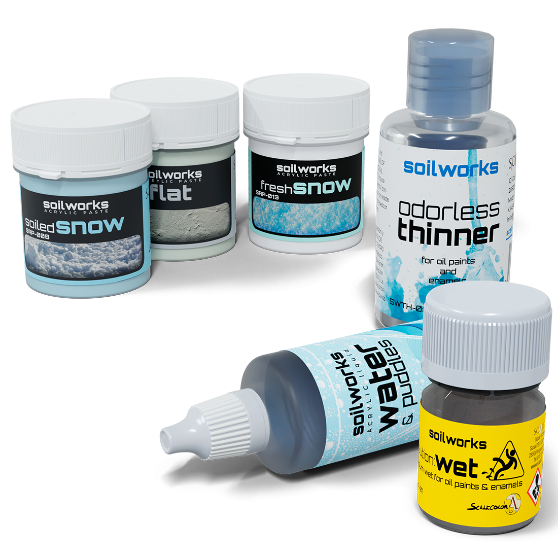 Soilworks model making supplies: acrylic pastes for terrain, odorless thinner, and liquids for water and wetness effects.