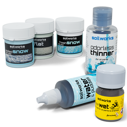 Soilworks model making supplies: acrylic pastes for terrain, odorless thinner, and liquids for water and wetness effects.