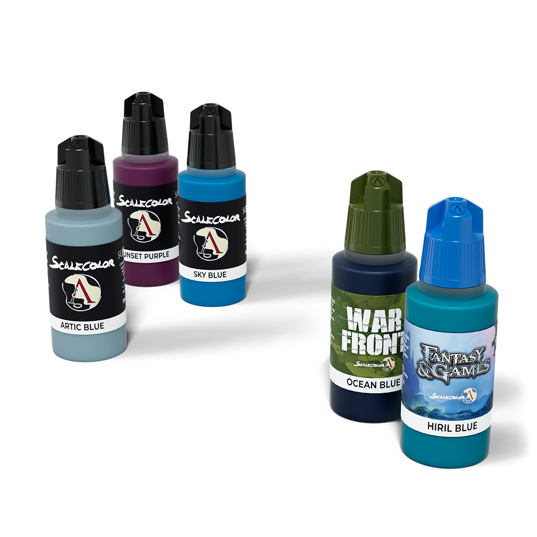 Five miniature paint dropper bottles in assorted shades of blue, purple, and teal.