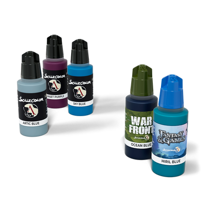 Five miniature paint dropper bottles in assorted shades of blue, purple, and teal.