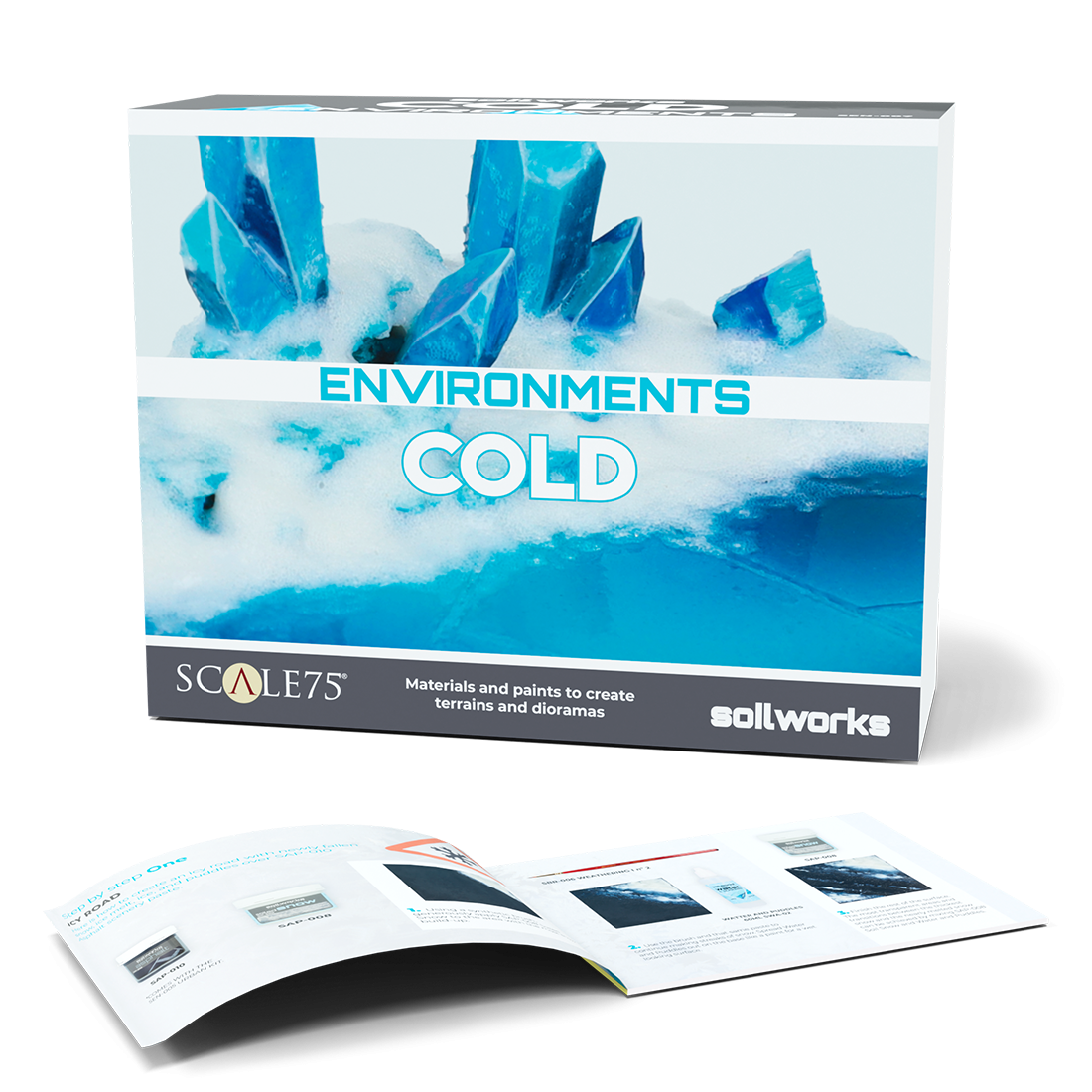 SCALE75 Environments Cold box with blue ice crystals & snow. An open diorama guide lies below.