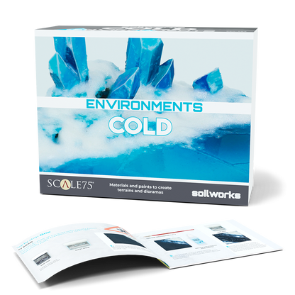 SCALE75 Environments Cold box with blue ice crystals & snow. An open diorama guide lies below.