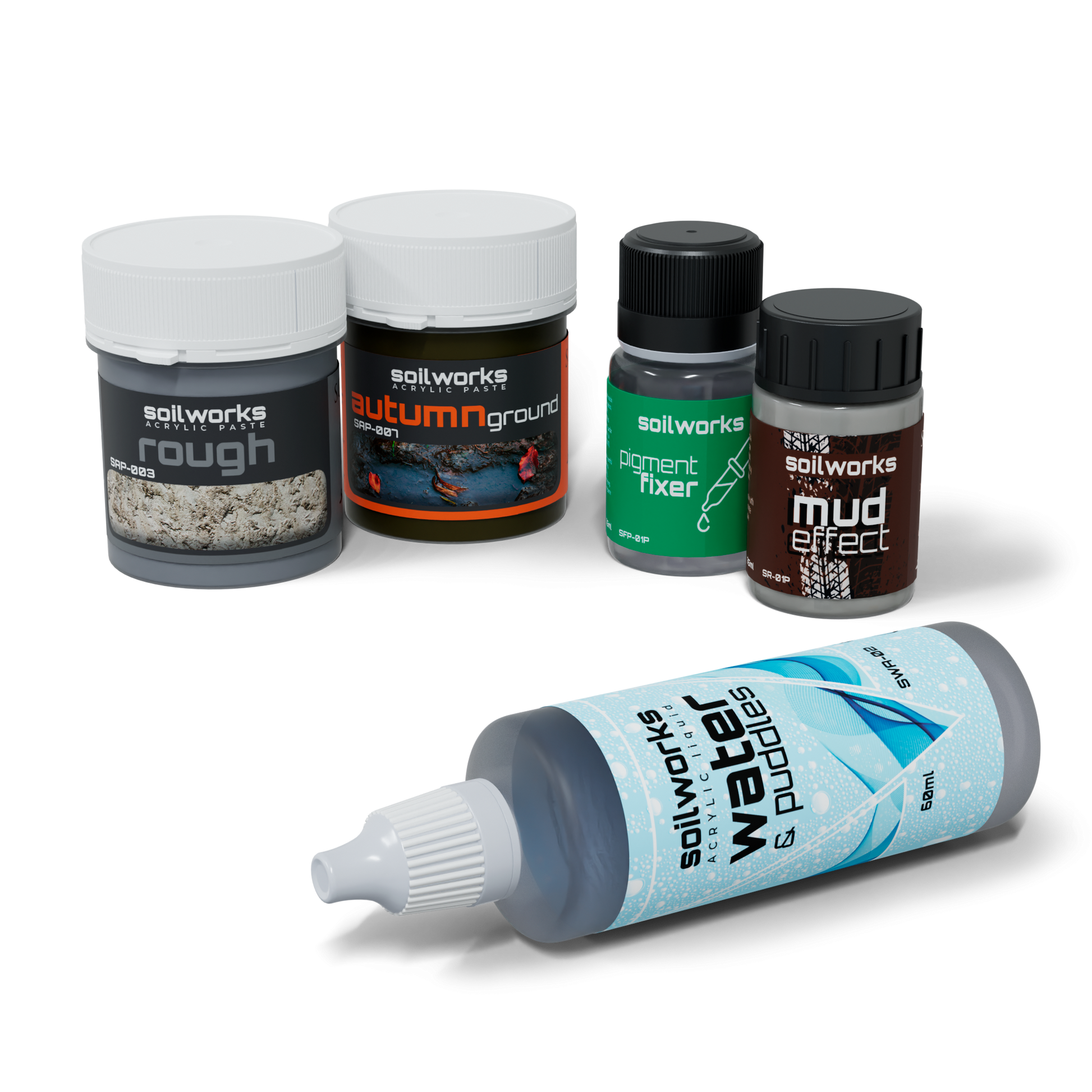 Five Soilworks acrylic pastes and liquids for terrain effects, including rough, mud, and water puddles.