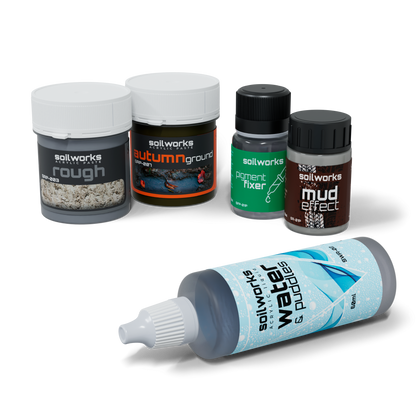Five Soilworks acrylic pastes and liquids for terrain effects, including rough, mud, and water puddles.