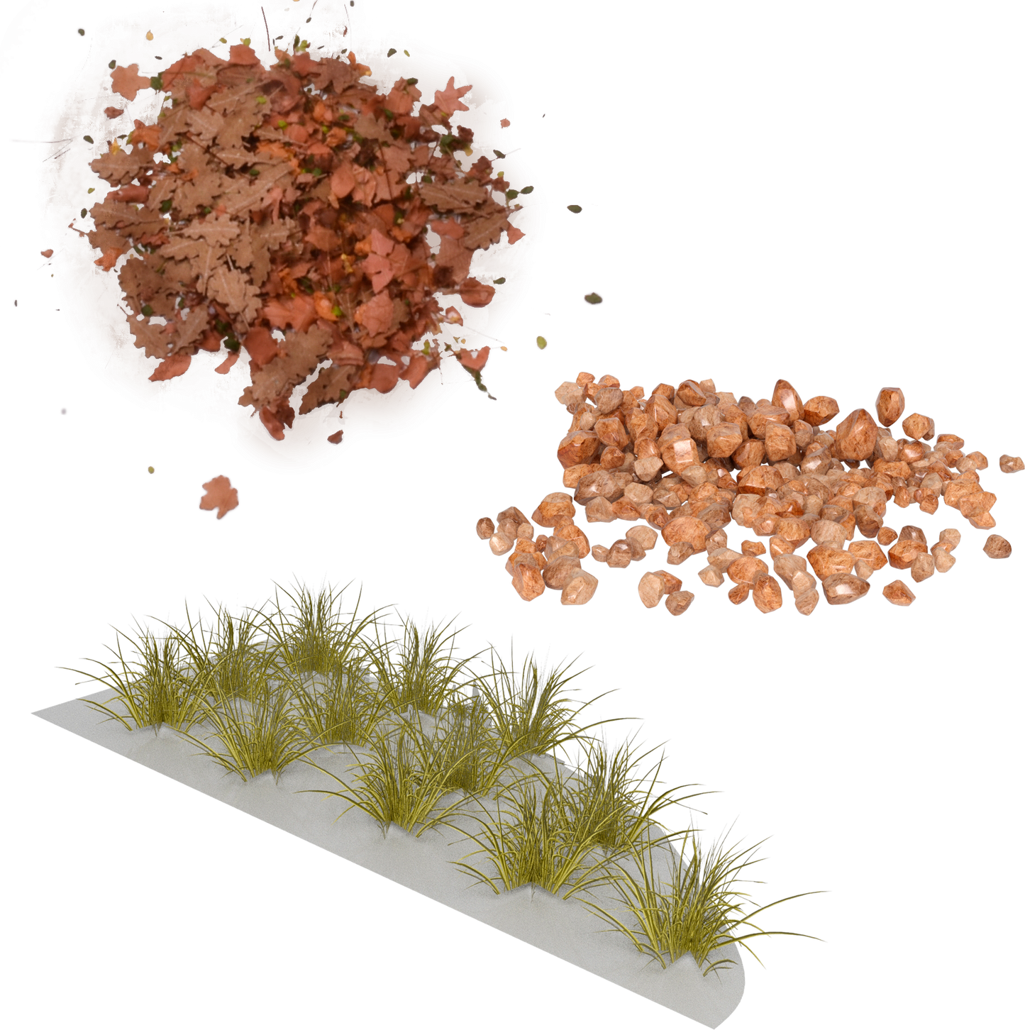 Digital composite: Piles of autumn leaves, small reddish-brown rocks, and rows of green grass on a sandy slope.