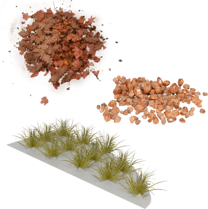 Digital composite: Piles of autumn leaves, small reddish-brown rocks, and rows of green grass on a sandy slope.
