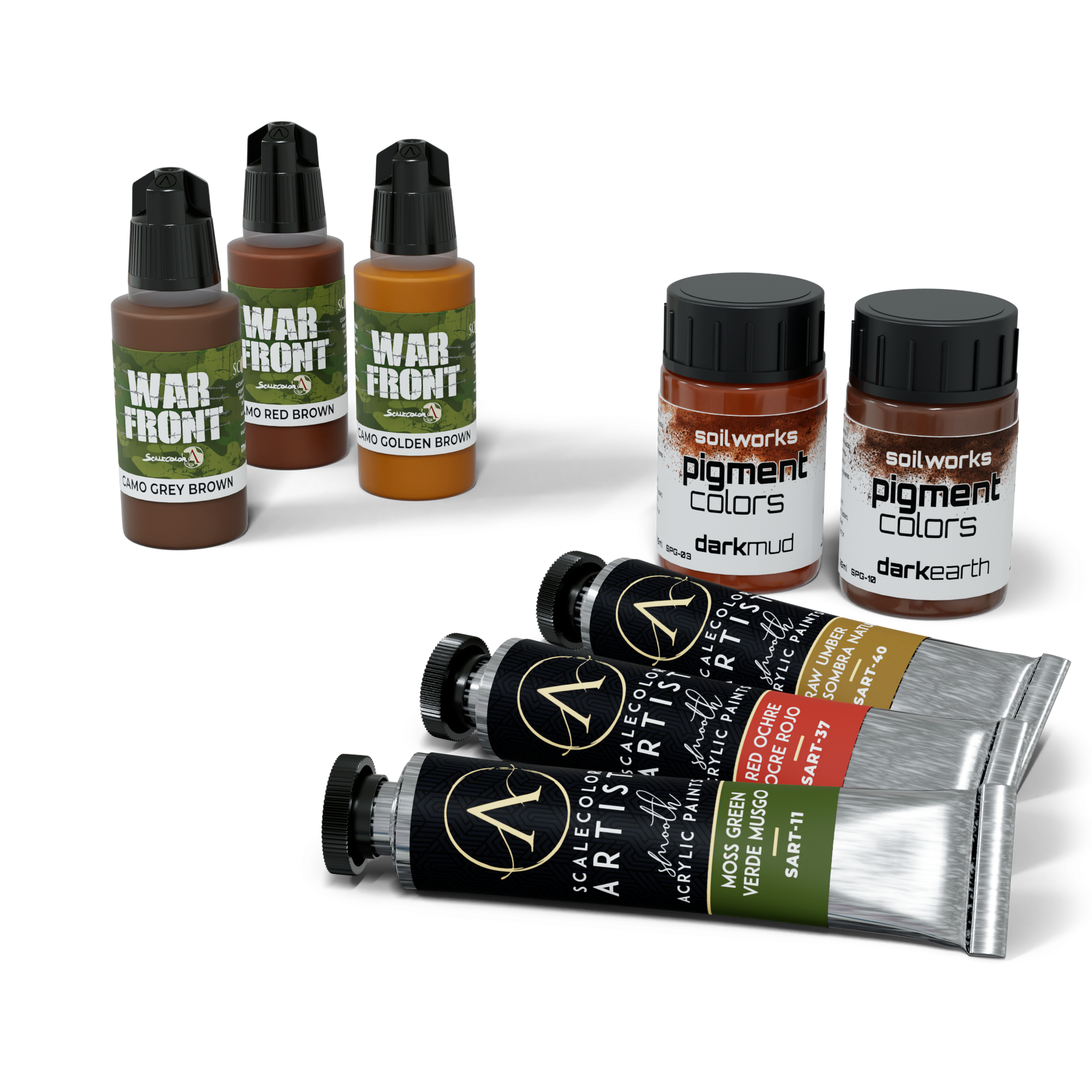 A collection of ScaleColor acrylic paints in bottles and tubes, plus Soilworks pigment jars.