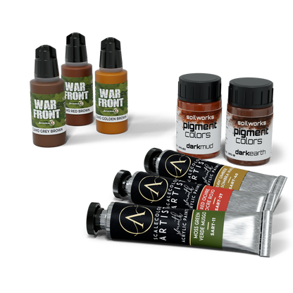 A collection of ScaleColor acrylic paints in bottles and tubes, plus Soilworks pigment jars.