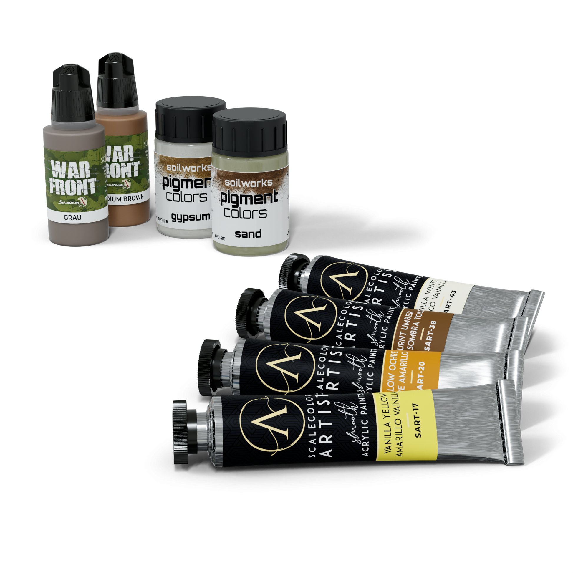 A Scale 75 Soilworks Scenery Environments Summer Set featuring two War Front dropper paints, two Soilworks pigment jars, and three ScaleColor Artist acrylic paint tubes in earthy tones