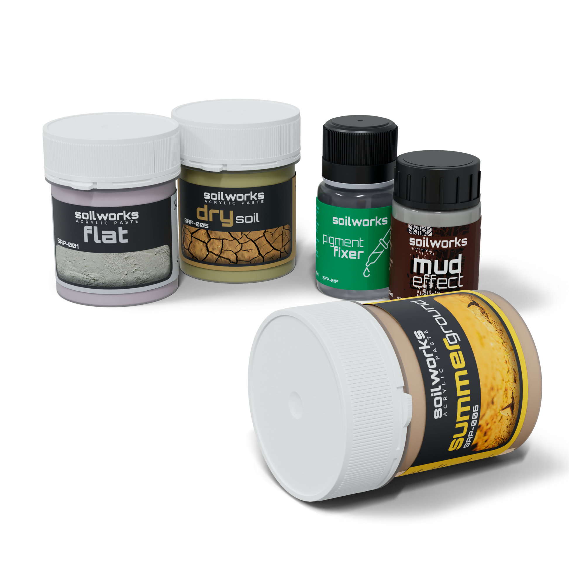 Scale 75 Soilworks Scenery Environments Summer Set with two large acrylic paste tubs (flat, dry soil), two small effect bottles, and one summerground paste tub lying on its side