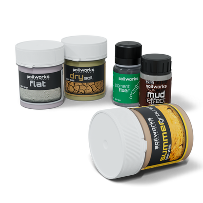 Scale 75 Soilworks Scenery Environments Summer Set with two large acrylic paste tubs (flat, dry soil), two small effect bottles, and one summerground paste tub lying on its side