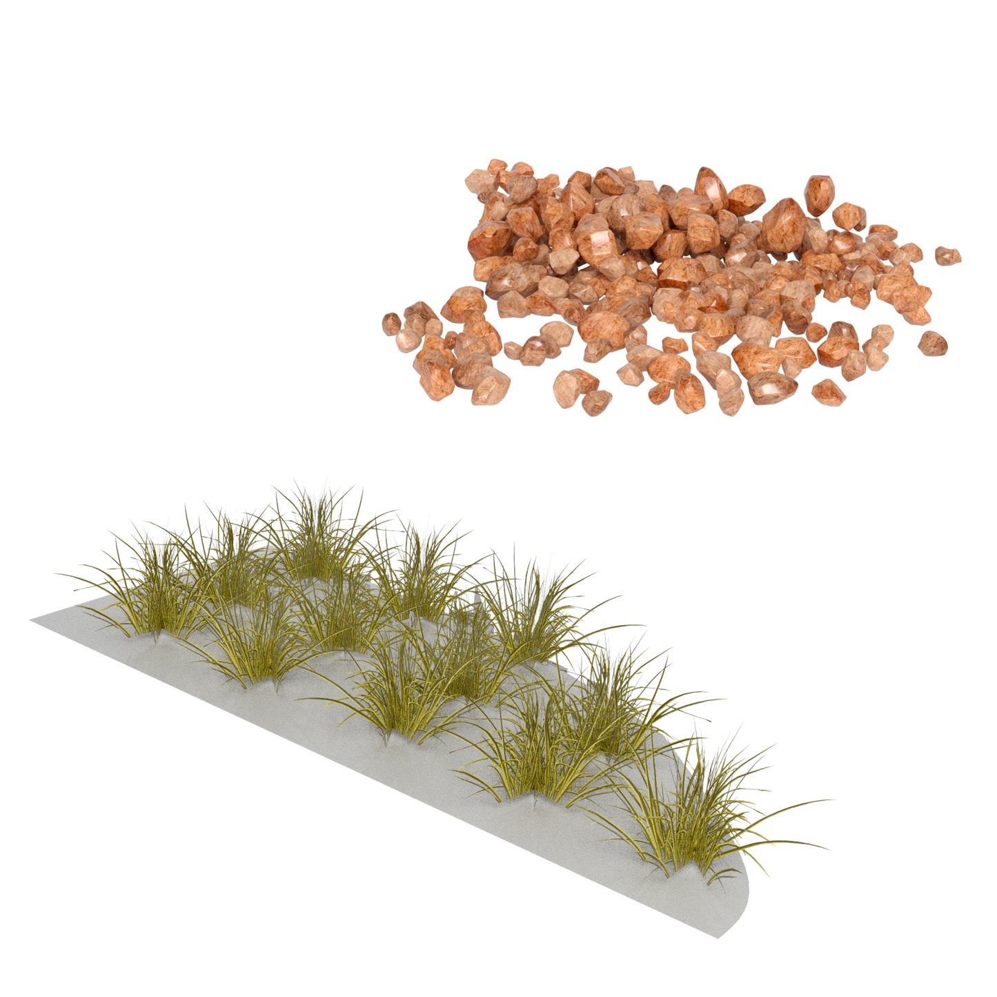 The Scale 75 Soilworks Scenery Environments Summer Set includes a mound of textured light brown pebbles and multiple rows of vibrant yellow-green grass clumps on a sandy grey base