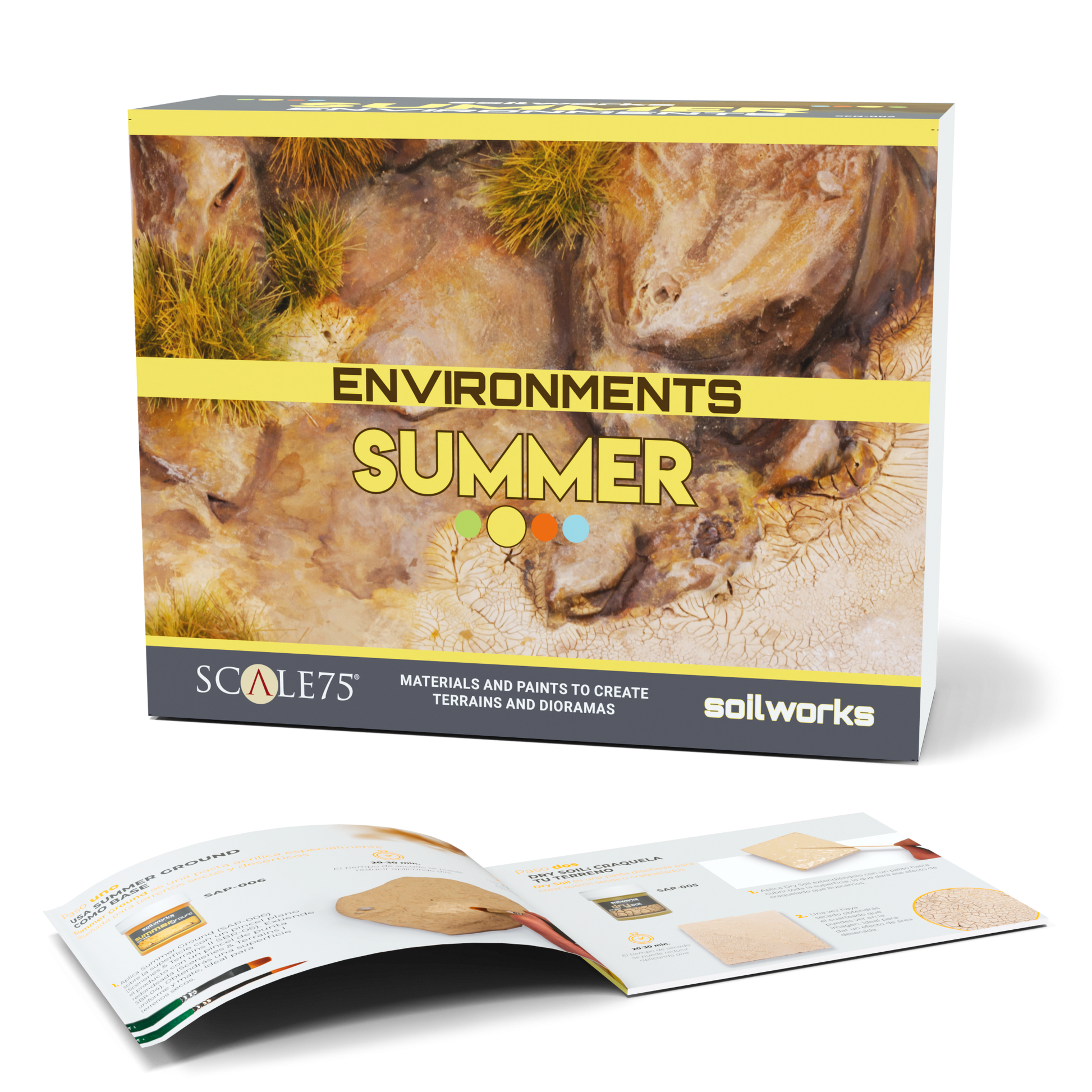 Scale 75 Soilworks Scenery Environments Summer Set box, featuring a dry, rocky landscape with grass, is presented with an open instructional booklet for diorama creation
