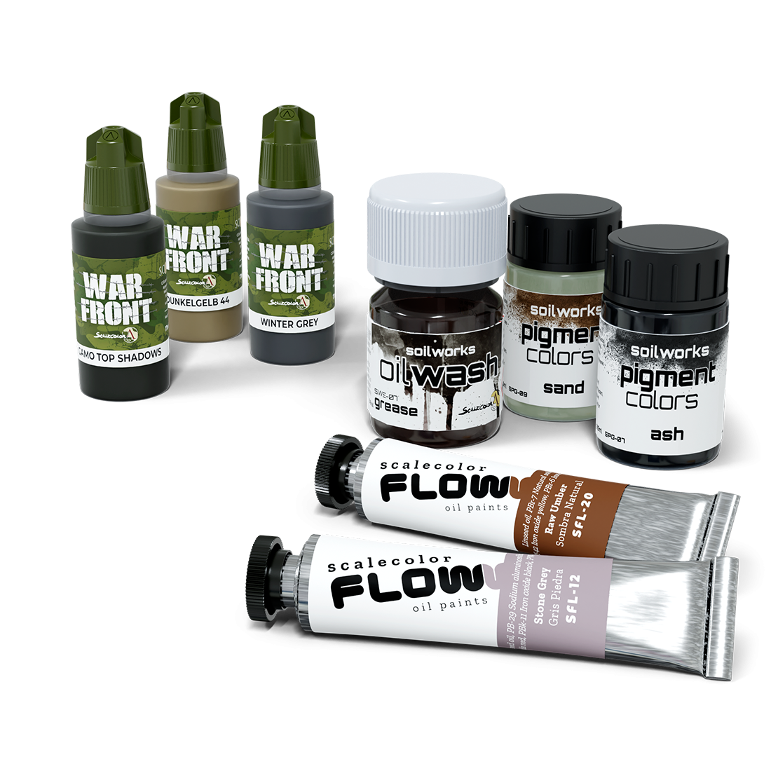 A Scale 75 Soilworks Scenery Environments Urban Set featuring three War Front paints, two Soilworks pigments, an oilwash, and two Scalecolor Flow oil paint tubes