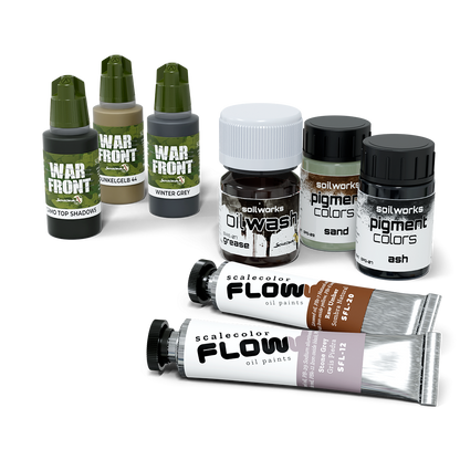 A Scale 75 Soilworks Scenery Environments Urban Set featuring three War Front paints, two Soilworks pigments, an oilwash, and two Scalecolor Flow oil paint tubes