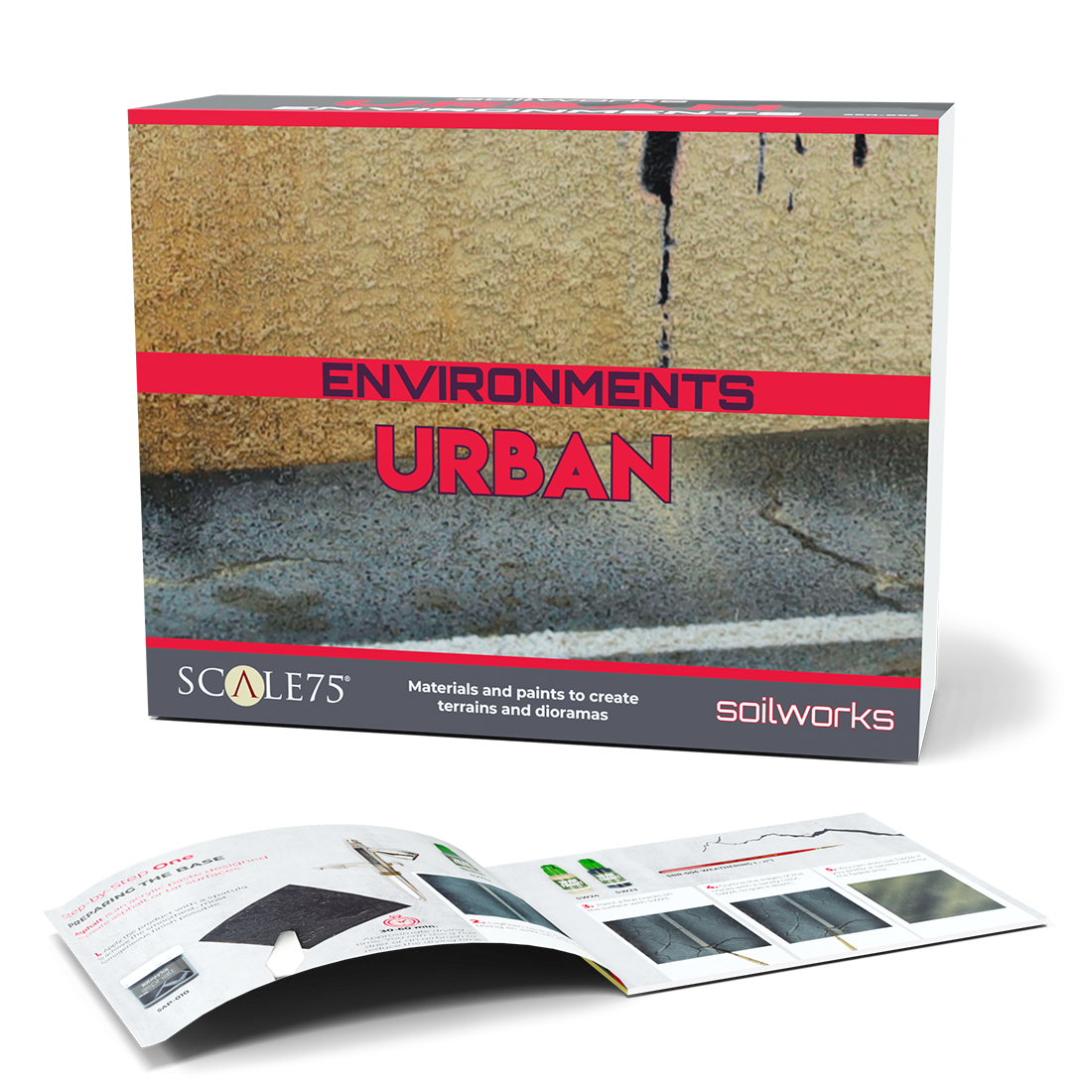 The Scale 75 Soilworks Scenery Environments Urban Set kit box features a textured urban scene with cracked asphalt and a weathered wall, alongside an open guide