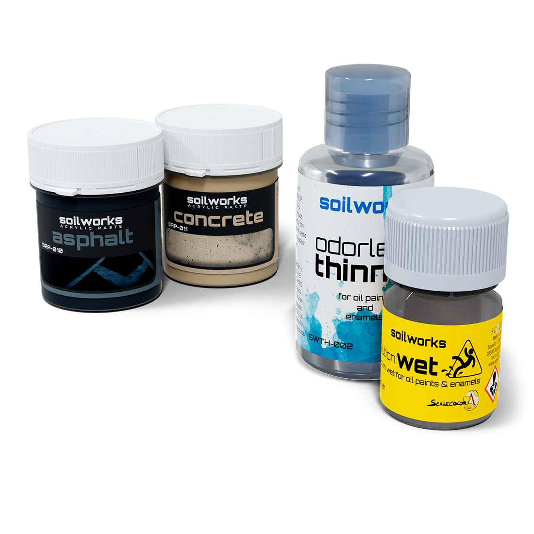 Four Soilworks scenery products are shown: two acrylic paste jars in asphalt and concrete, an odorless thinner bottle, and a caution wet solution bottle