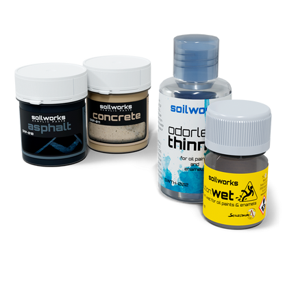 Four Soilworks scenery products are shown: two acrylic paste jars in asphalt and concrete, an odorless thinner bottle, and a caution wet solution bottle