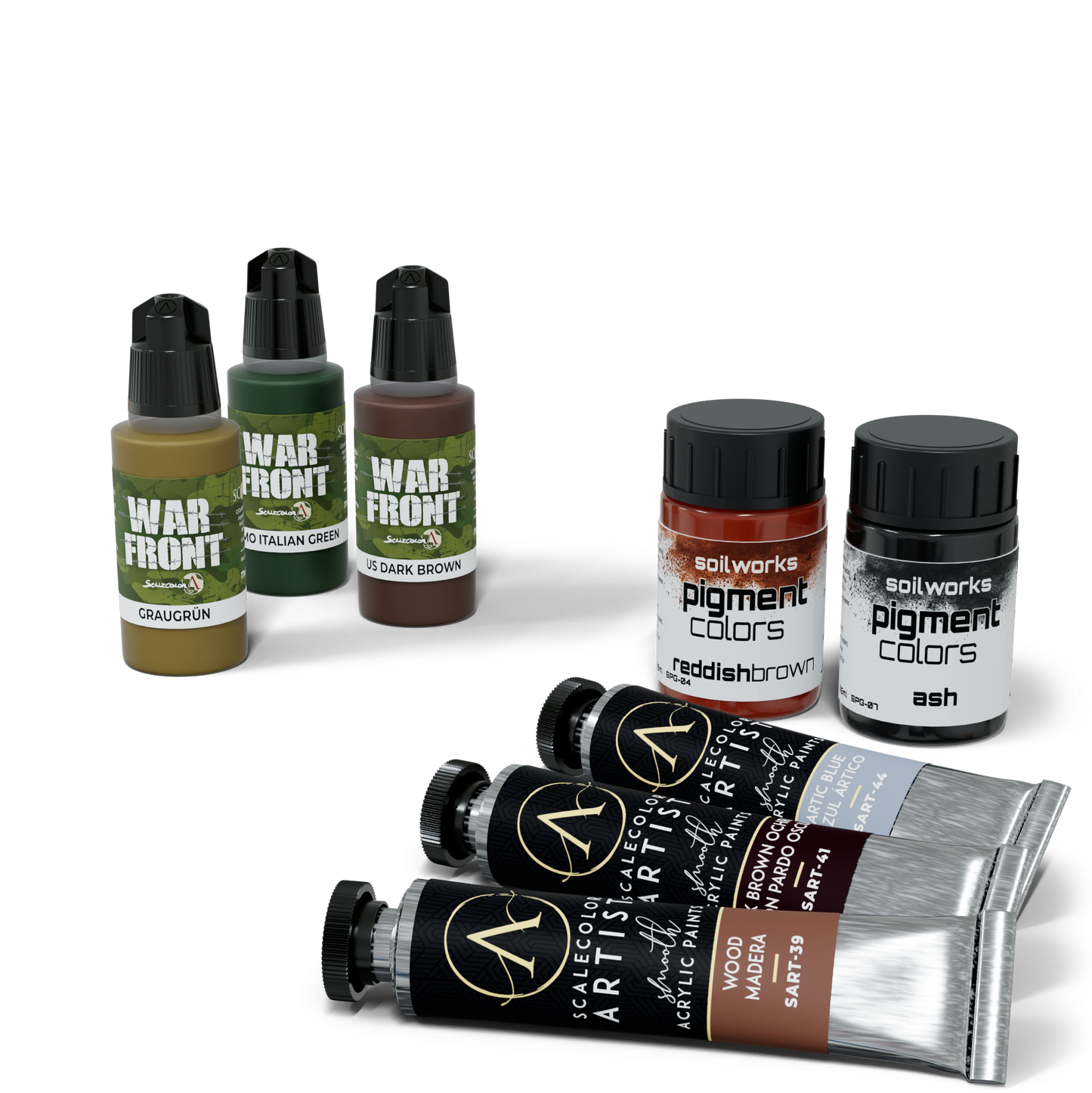 ScaleColor model paints and pigments: three dropper bottles, two pigment pots, and three acrylic tubes in earth tones and blue.